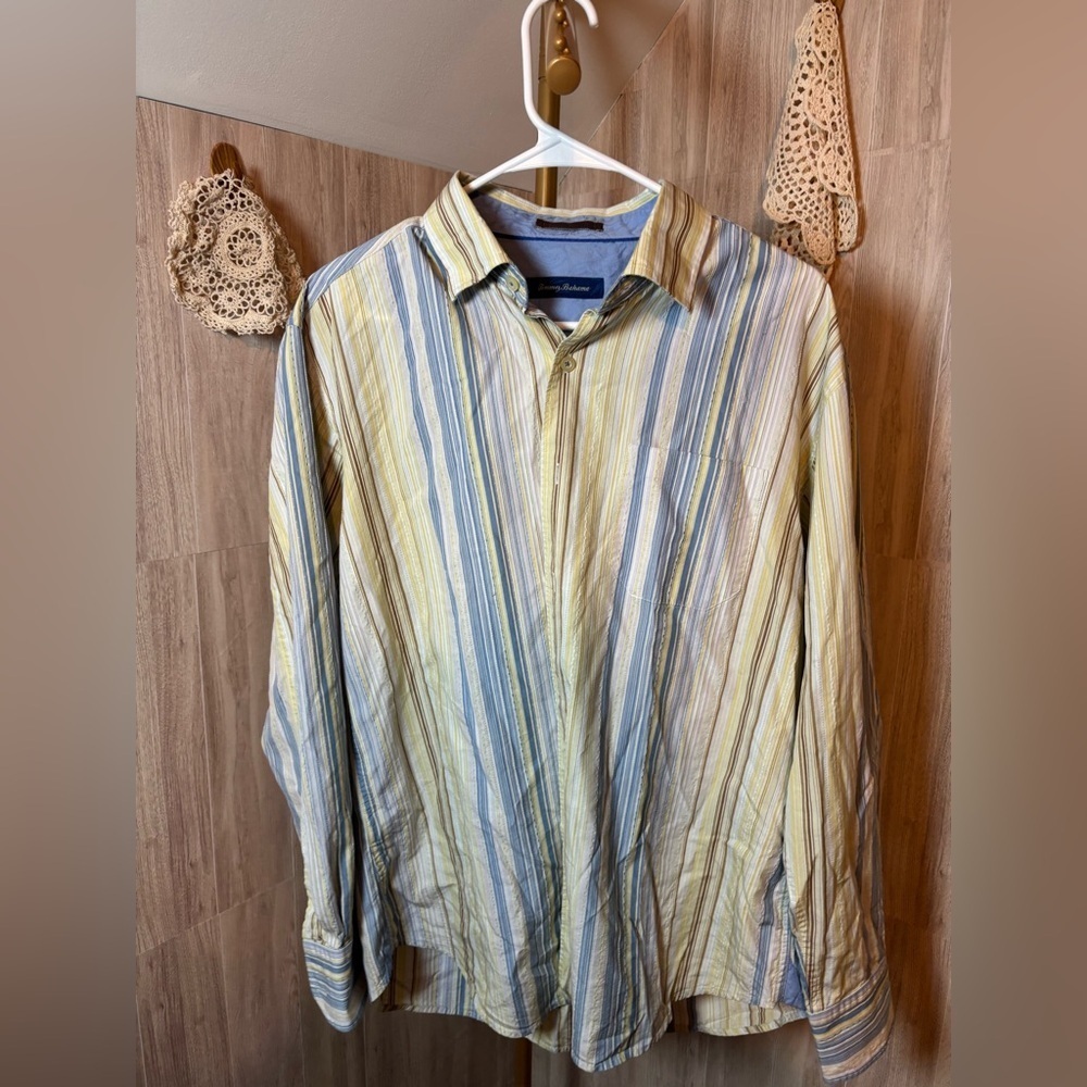 Tommy Bahama Yellow and Blue Shirt Striped Shirt Cotton Silk